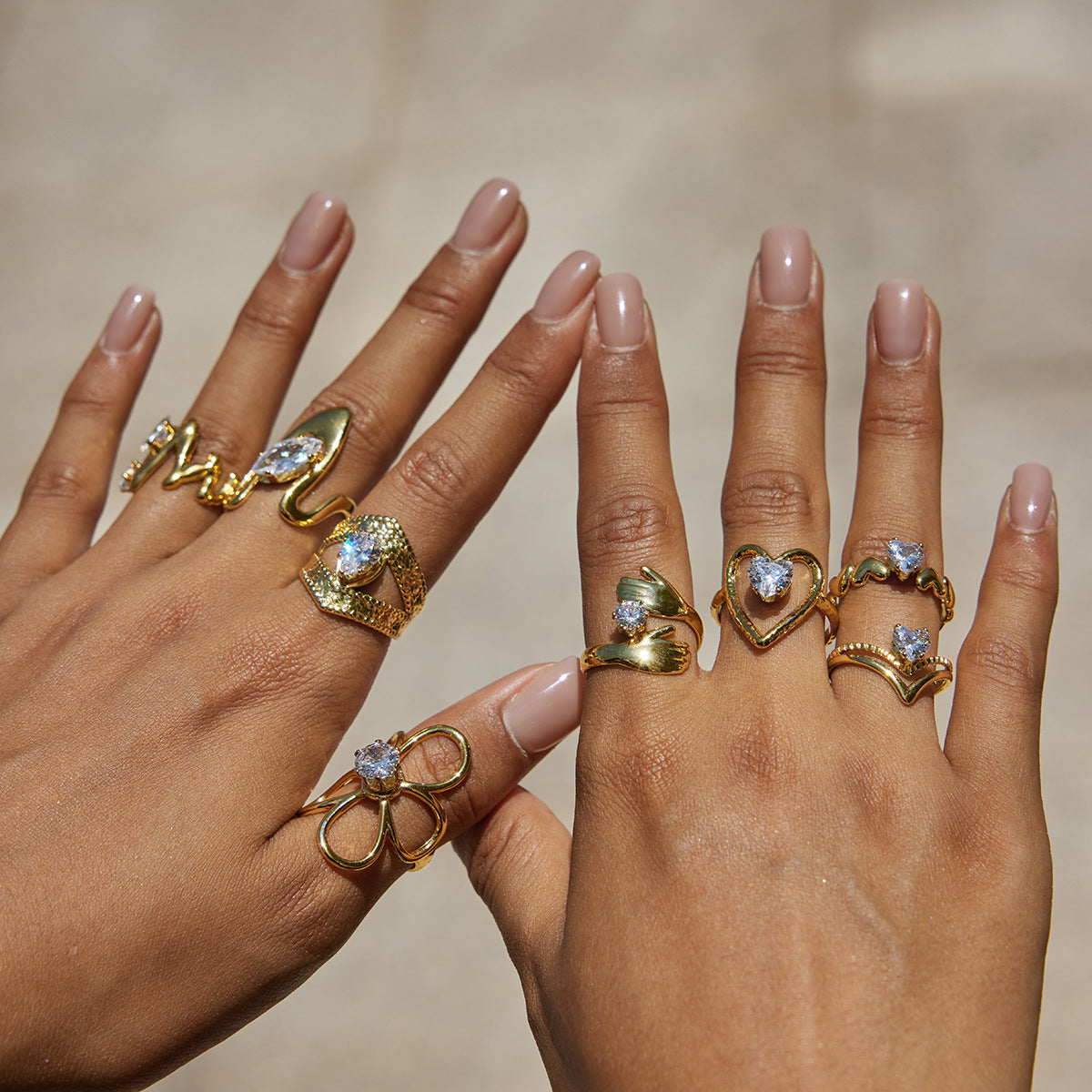 18k Gold Tone Crystal Ring Set - Bow/Heart/Letter/Arrow Designs | INS-Style Stackable Daily/Brunch Finger Jewelry for Women