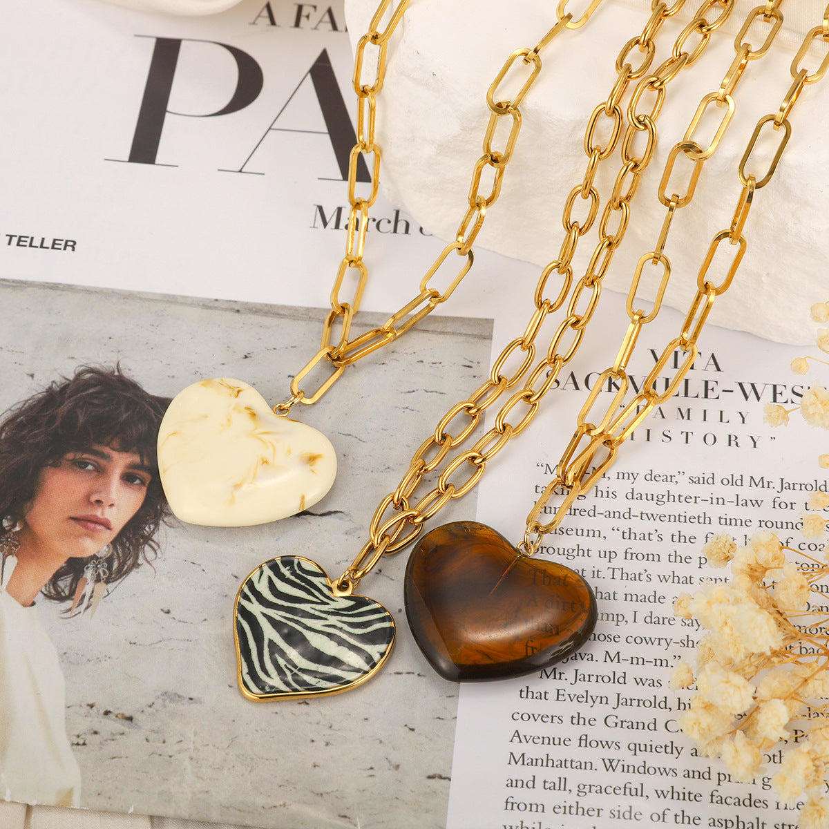 Комплект из золотого ожерелья с подвеской в ​​виде сердца с анималистичным принтом – эффектное украшение из мраморного тигрового глаза для женщин 