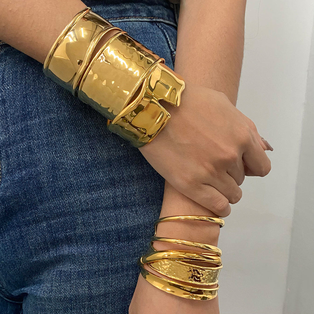 Gold Hammered & Glossy Bracelet Set - Stackable Bold Cuffs | INS-Style 18k Gold Tone Daily/Brunch Wrist Jewelry for Women
