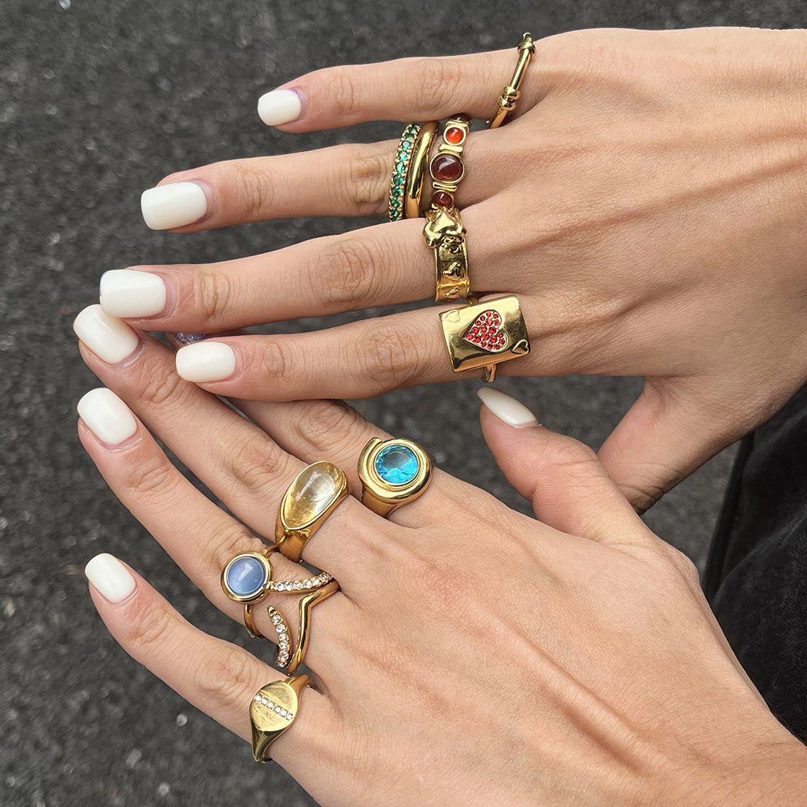Artistic Gold Ring Set - Multi-Style Vintage Statement Rings with Gemstones & Poker Design for Women