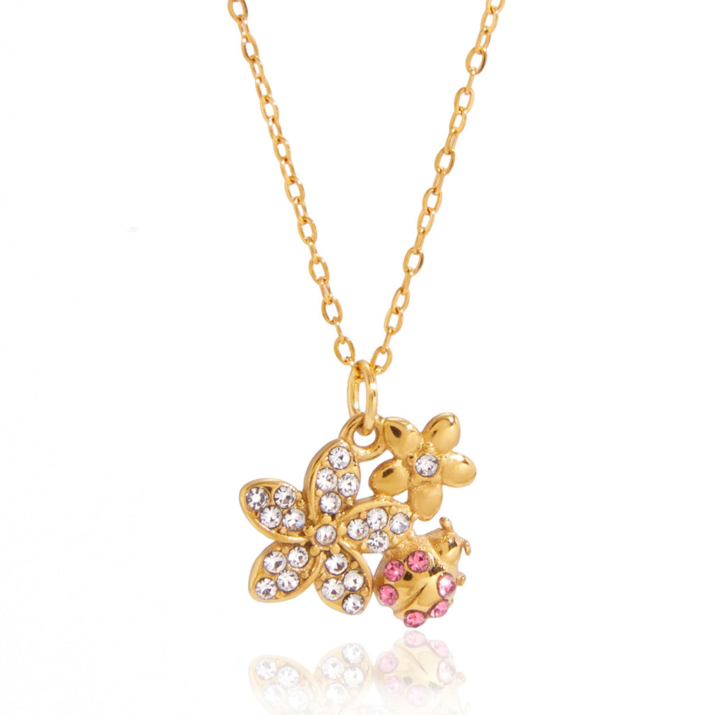 Gold Layered Insect Pendant Necklace Set - CZ Ladybug Dragonfly Statement Jewelry for Women