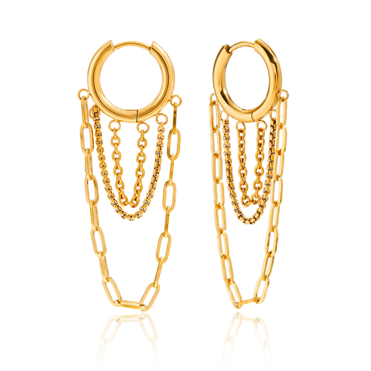 18K Gold-Plated Stainless Steel 2-Tone (Gold & Silver) Chain Fringe Oversized Hoop Earrings | Trendy INS-Style Statement Jewelry for Women | Bold Chic Fringe Hoop Earrings for Daily Wear & Party Outfits