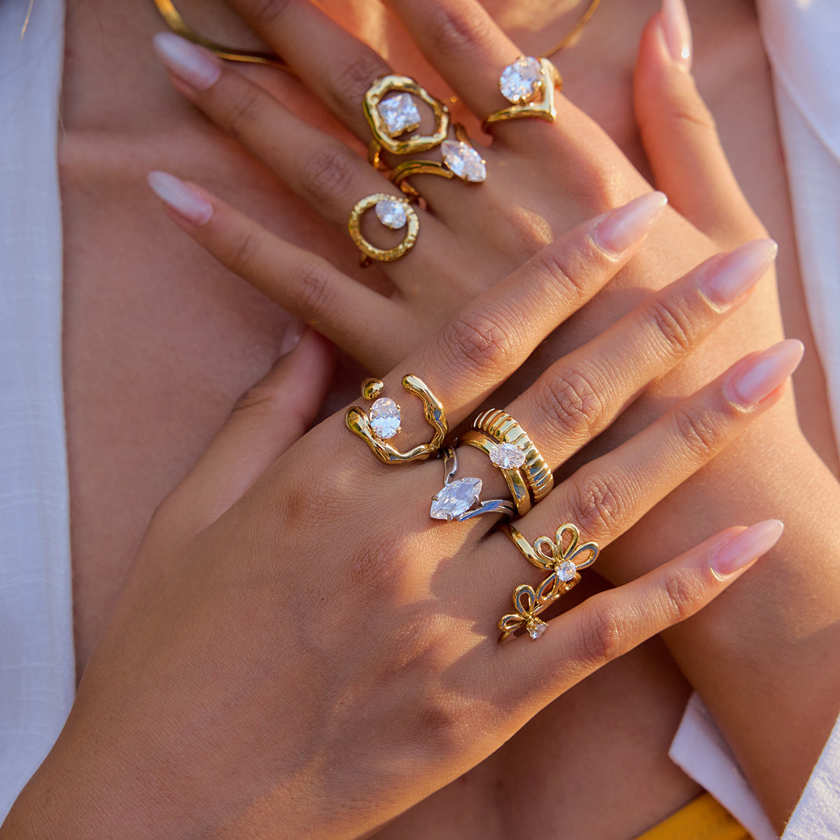 18k Gold/Silver Tone Crystal Ring Set - Snake/Bow/Irregular Designs | INS-Style Stackable Daily/Brunch Finger Jewelry for Women