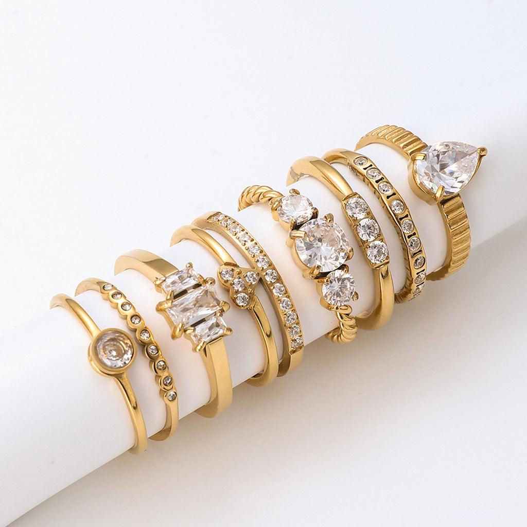 Gold CZ Ring Set - Multi-Style Sparkly Stackable Rings for Women