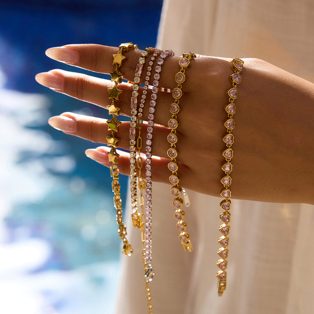 18k Gold Tone Bracelet Set - Star/Pink Crystal/Heart Designs | INS-Style Stackable Daily/Brunch Wrist Jewelry for Women