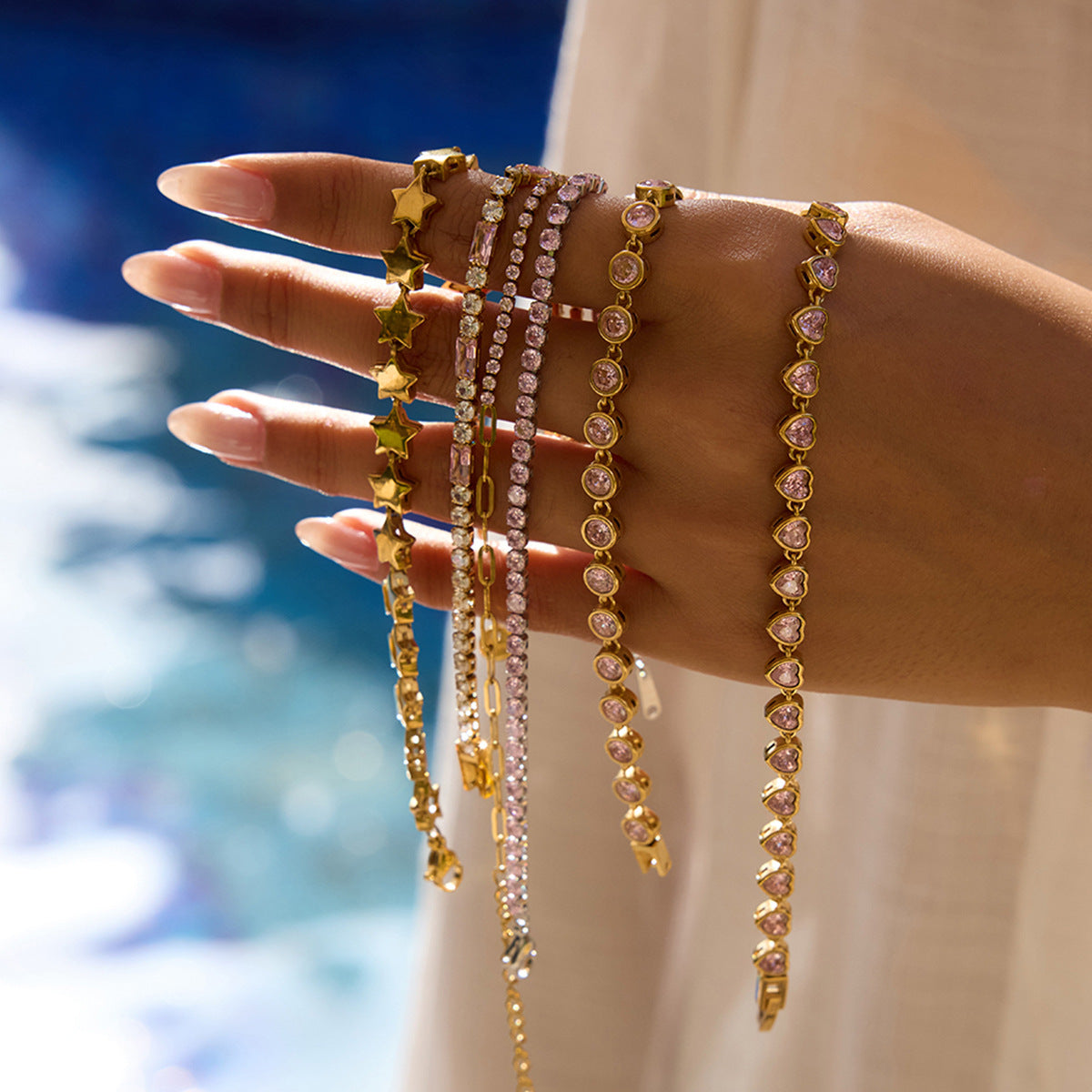 18k Gold Tone Bracelet Set - Star/Pink Crystal/Heart Designs | INS-Style Stackable Daily/Brunch Wrist Jewelry for Women