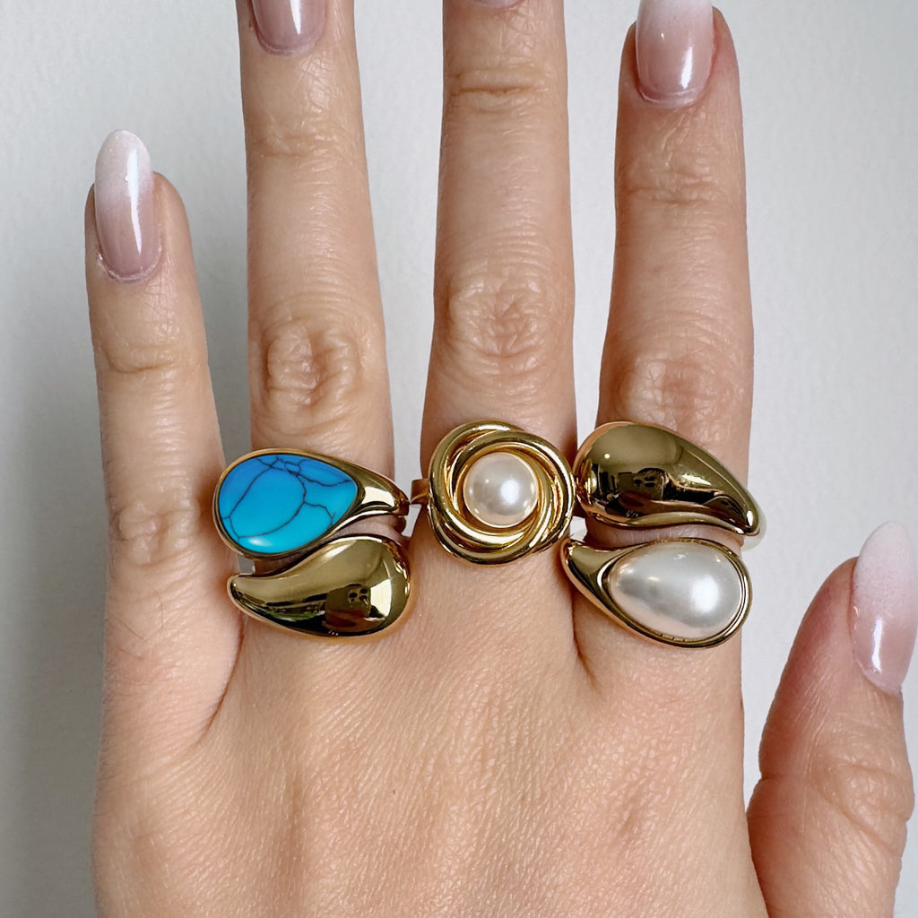 Gold Evil Eye Teardrop Ring Set - Turquoise/Pearl/Tiger Eye/Abalone Shell Stackable Statement Jewelry for Women