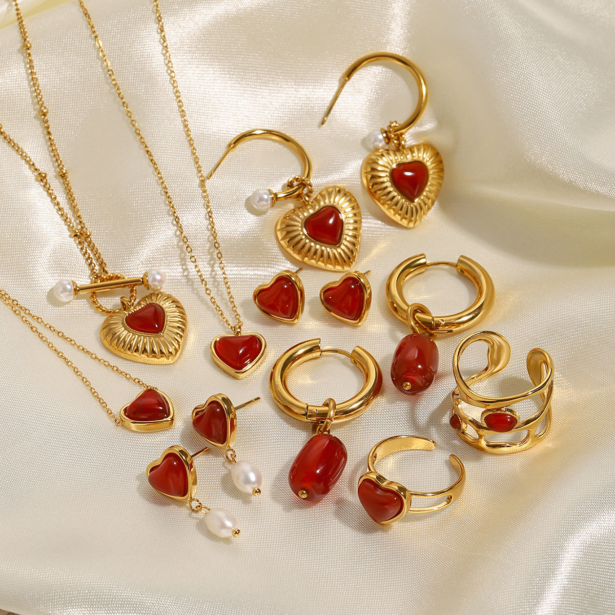18k Gold Tone Red Heart Gem Jewelry Set - Pearl Accent Necklace/Earrings/Rings | INS-Style Daily/Brunch Accessories for Women