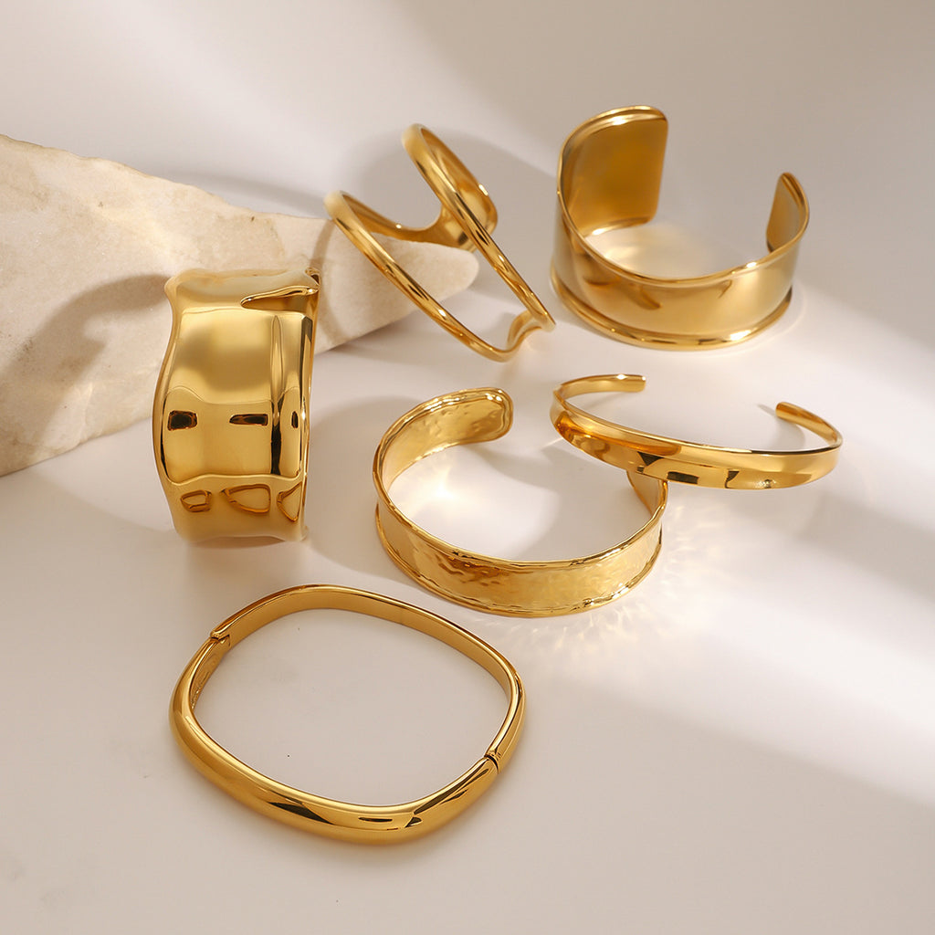 Gold Hammered & Glossy Bracelet Set - Stackable Bold Cuffs | INS-Style 18k Gold Tone Daily/Brunch Wrist Jewelry for Women