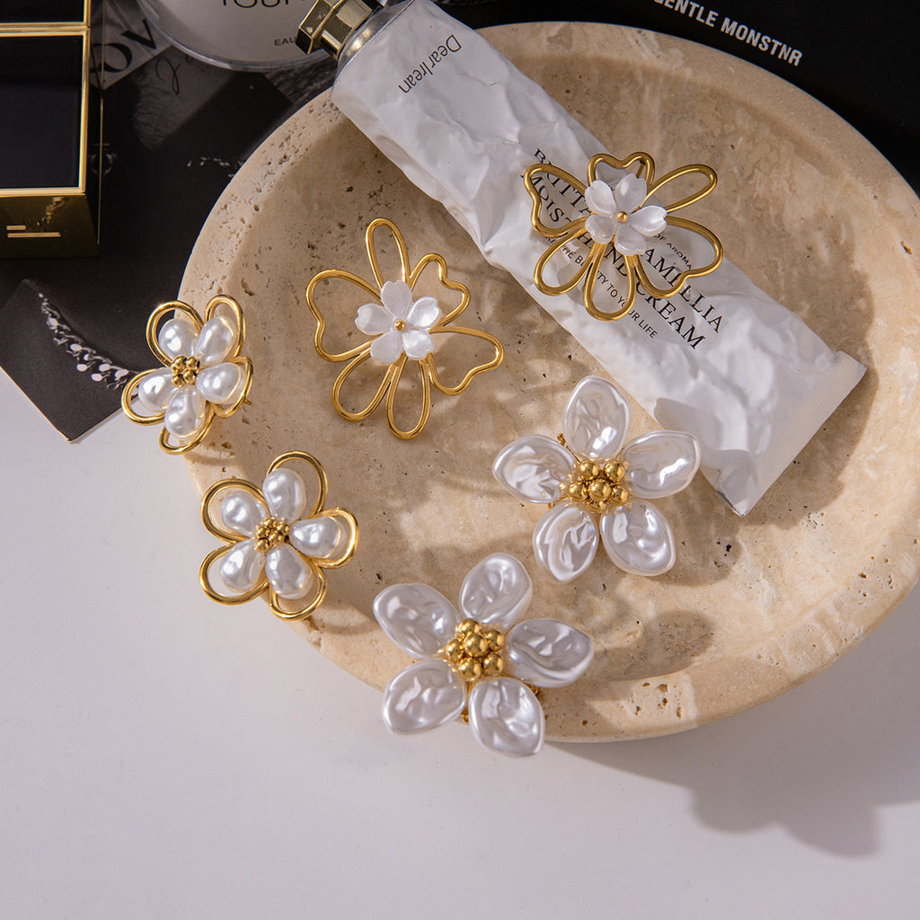 Gold Floral & Pearl Earring Set - Multi-Style Blossom/Leaf/Geometric Designs | Retro Elegant Daily/Brunch Jewelry for Women (Glossy Gold + Pearl/Floral Accents)