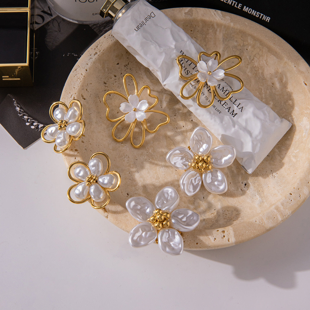 Gold Floral & Pearl Earring Set - Multi-Style Blossom/Leaf/Geometric Designs | Retro Elegant Daily/Brunch Jewelry for Women (Glossy Gold + Pearl/Floral Accents)