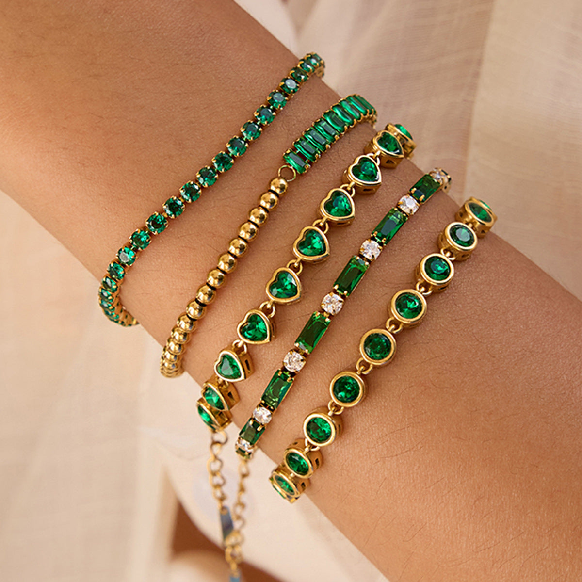 18k Gold Tone Emerald Bracelet Set - Heart/Square Gem Designs | INS-Style Stackable Daily/Brunch Wrist Jewelry for Women