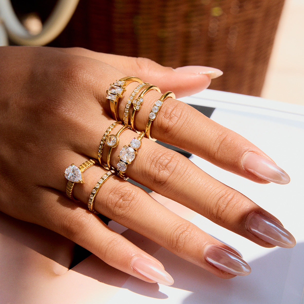 Gold CZ Ring Set - Multi-Style Sparkly Stackable Rings for Women