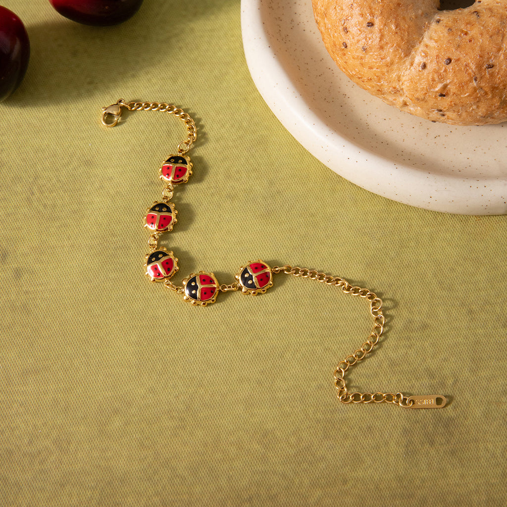 Gold Enamel Ladybug Animal Bracelet Set - Vintage Multi-Style Stackable Charm Bracelets for Women