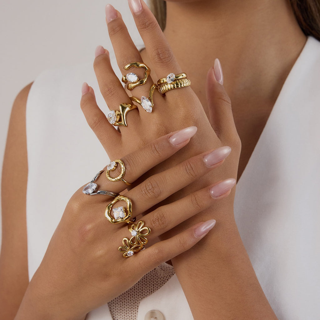 18k Gold/Silver Tone Crystal Ring Set - Snake/Bow/Irregular Designs | INS-Style Stackable Daily/Brunch Finger Jewelry for Women