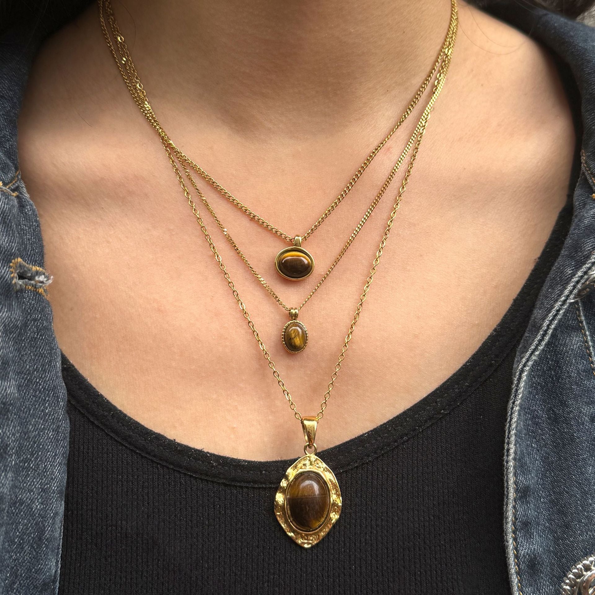 Gold Multi-Style Pendant Necklace Set - Tiger Eye/Turquoise/Pearl Natural Stone Accents | Retro Elegant Daily/Brunch Neck Jewelry for Women (Varied Chain Designs)
