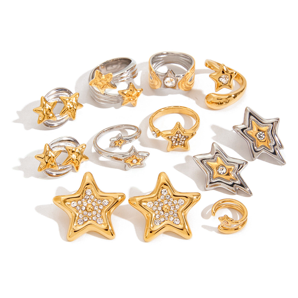 Gold & Silver Star Ring Set - Rhinestone-Accented Stackable Rings | Adjustable Open/Close Band Statement Jewelry for Women
