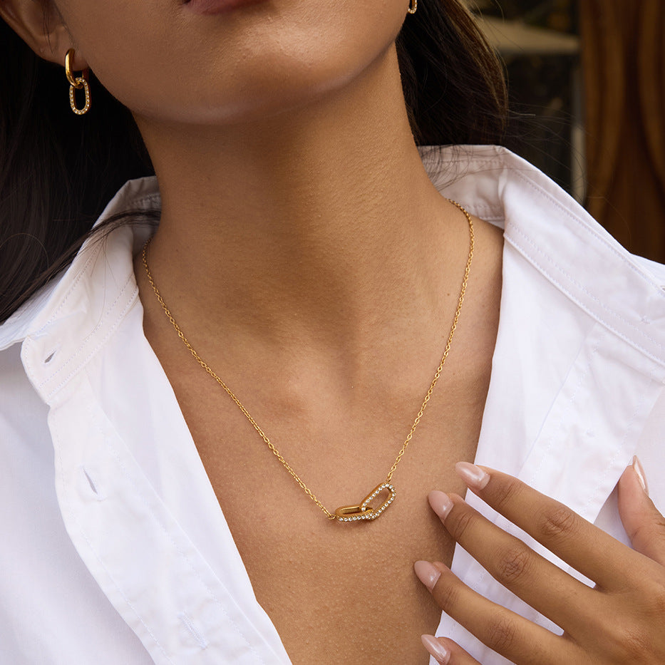 Gold Double-Layer Rhinestone Necklace - Circular & Rectangular Pendants | Modern Minimalist Daily/Brunch Neck Jewelry for Women