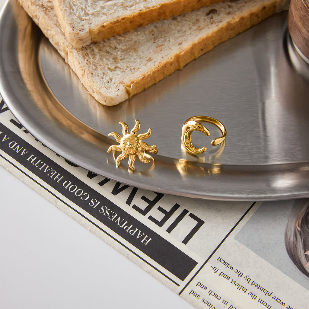 Gold & Silver Celestial Ring Set - Sun/Moon/Star Charms | Boho Layered Statement Jewelry for Women (Daily/Casual/Boho Outfit Wear)