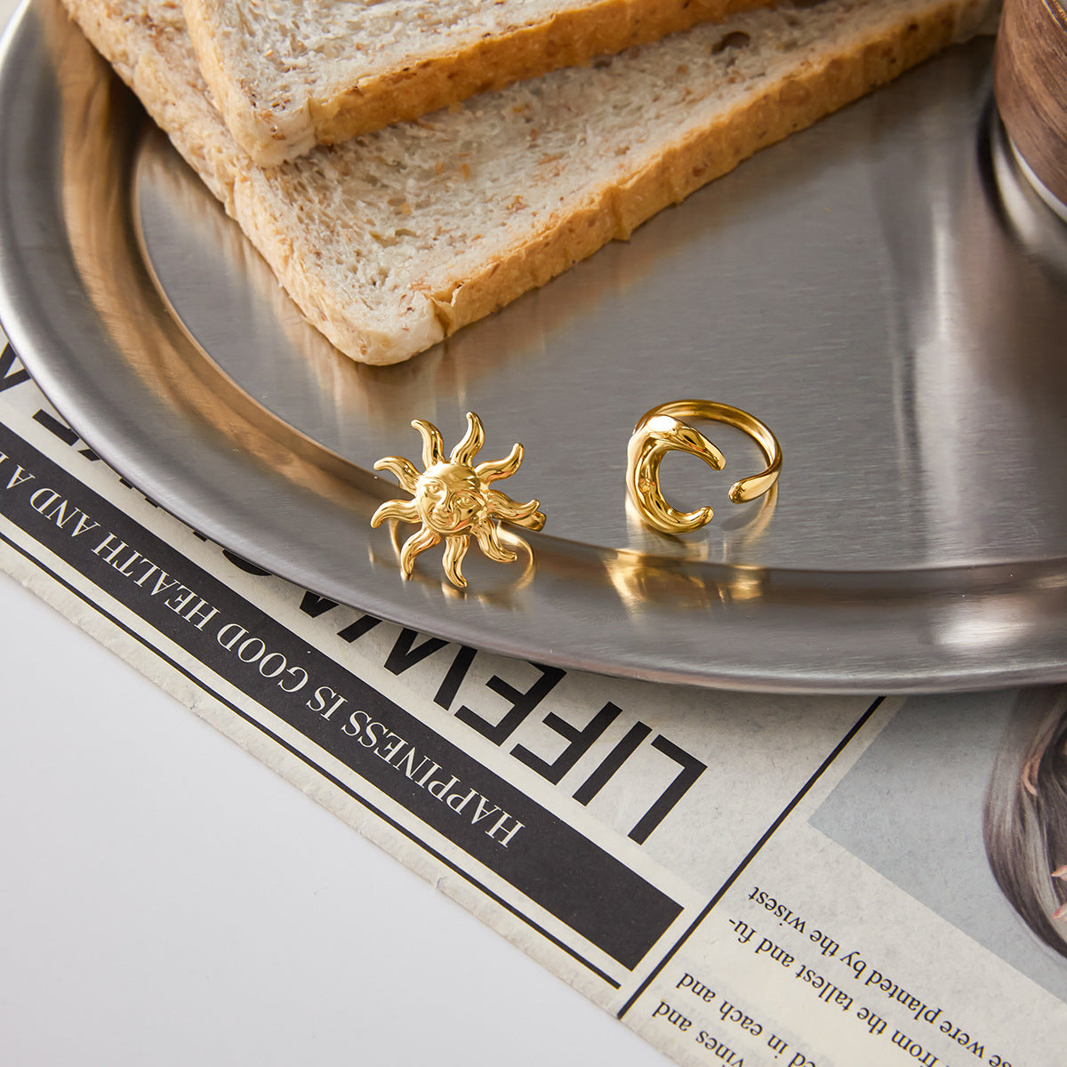 Gold & Silver Celestial Ring Set - Sun/Moon/Star Charms | Boho Layered Statement Jewelry for Women (Daily/Casual/Boho Outfit Wear)