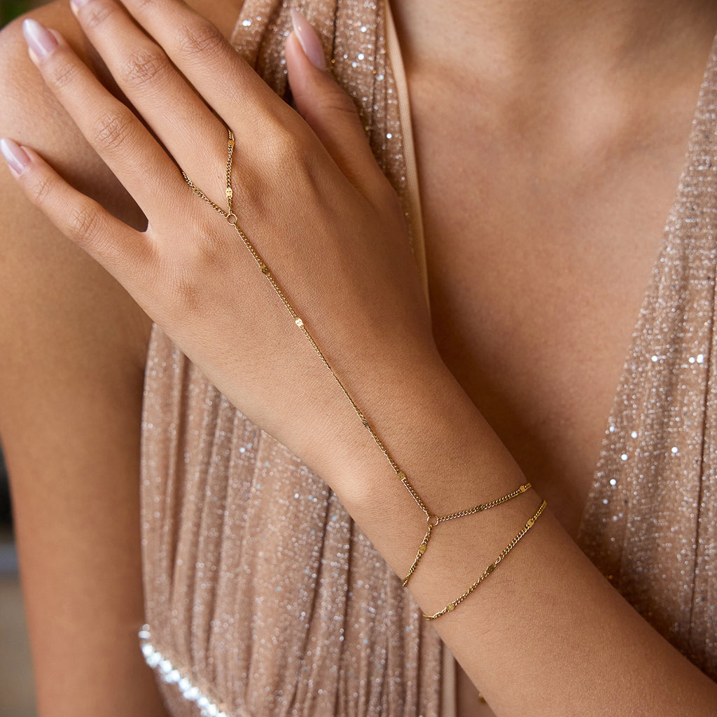 Gold Layered Bracelet & Ring Set - Pearl Strands, Coin Charm Hand Chain + Statement Rings | Retro Luxury Daily Jewelry for Women