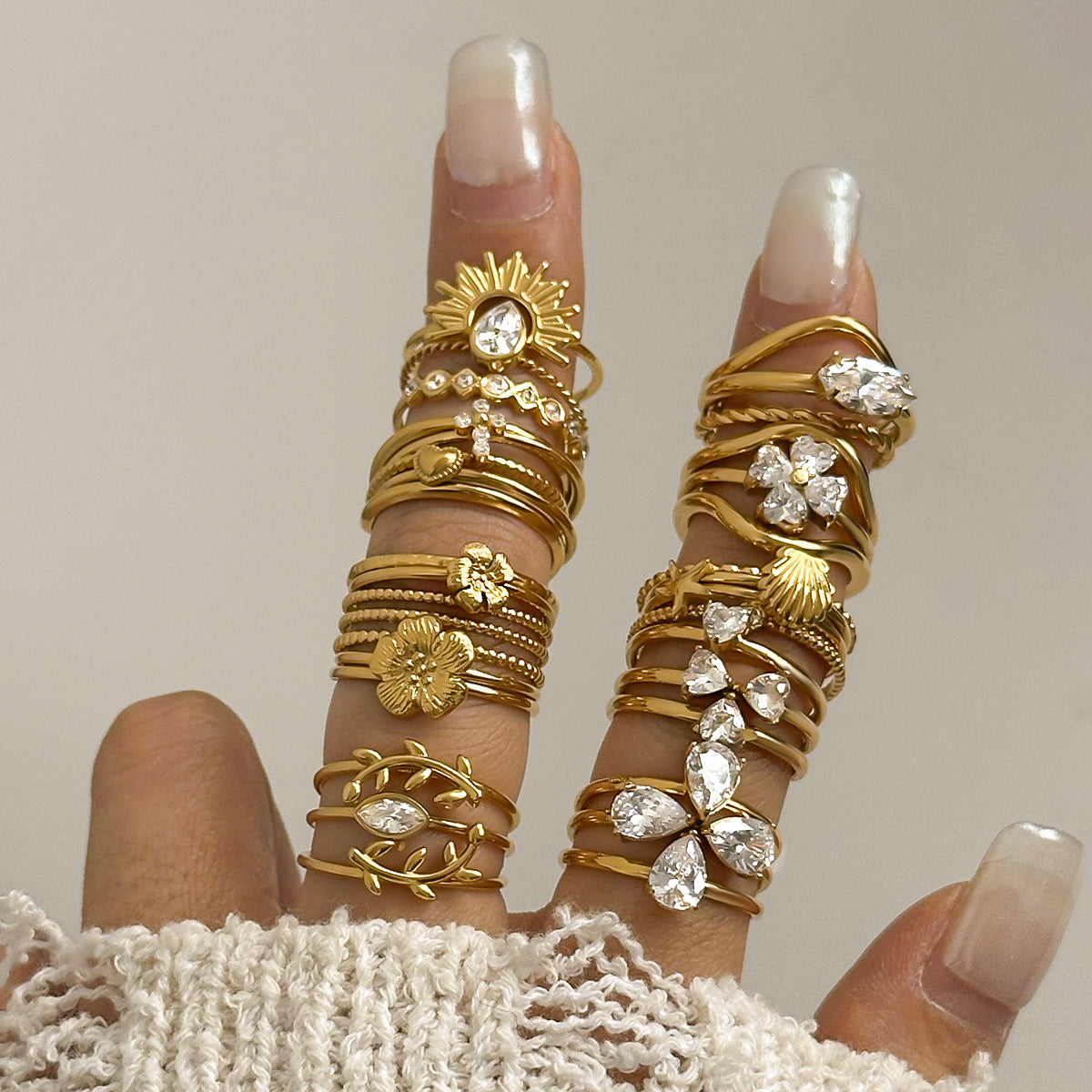 Gold Multi-Layered Stackable Ring Set - Flower/Sun/Gem Accents | Boho Glam Statement Jewelry for Women