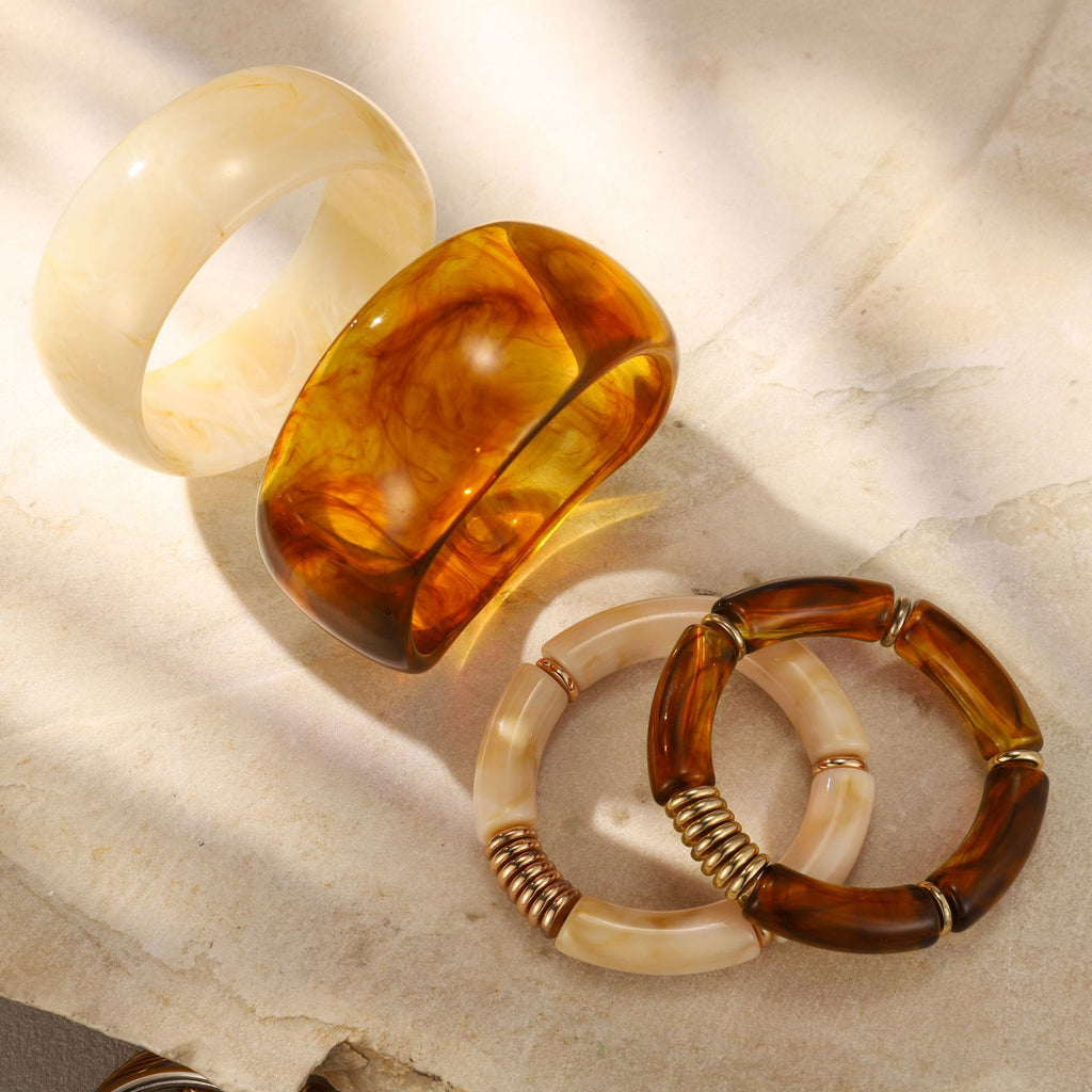 Chunky Tortoise Shell & Cream Resin Bangle Set -  Stackable Acrylic Bamboo Tube Bracelets with Gold Accents