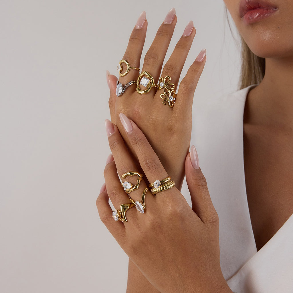 18k Gold/Silver Tone Crystal Ring Set - Snake/Bow/Irregular Designs | INS-Style Stackable Daily/Brunch Finger Jewelry for Women