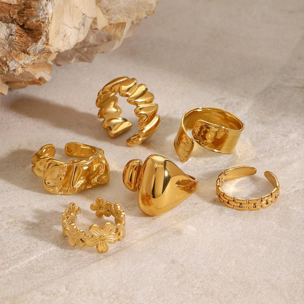 18k Gold Tone Stackable Ring Set - Floral/Irregular/Chain Designs | INS-Style Daily/Brunch Finger Jewelry for Women