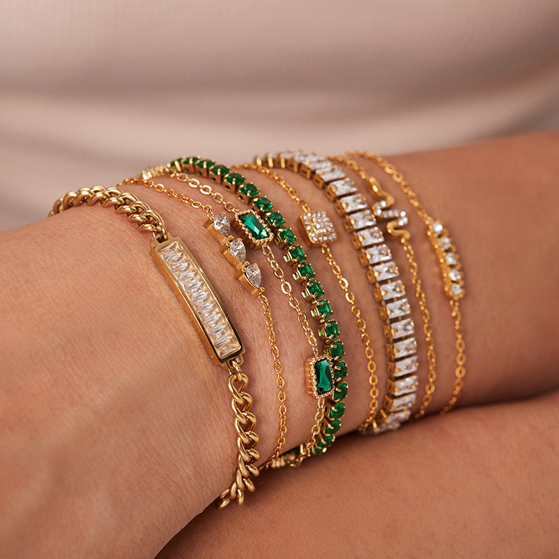 Gold Layered Bracelet Set - Emerald & Diamond Accents | Luxury Multi-Strand Statement Jewelry for Women (Daily/Party Wear)