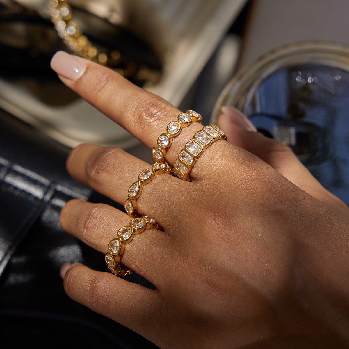 Gold Crystal Ring Set - Teardrop/Square/Heart/Circle Accents | 18k Gold Tone INS-Style Stackable Daily/Brunch Finger Jewelry for Women