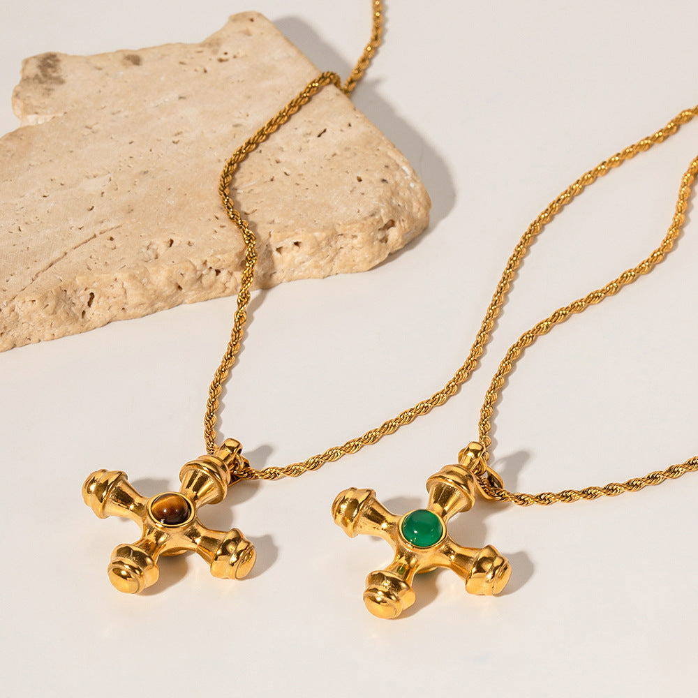 Gold Cross Pendant Necklace Set - Green Agate/Amber Stones | 18k Gold Tone INS-Style Daily/Brunch Neck Jewelry for Women