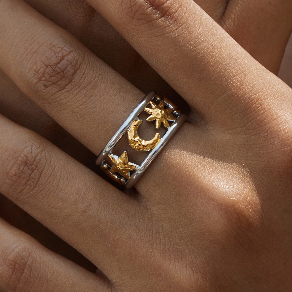 Gold & Silver Celestial Ring Set - Sun/Moon/Star Charms | Boho Layered Statement Jewelry for Women (Daily/Casual/Boho Outfit Wear)