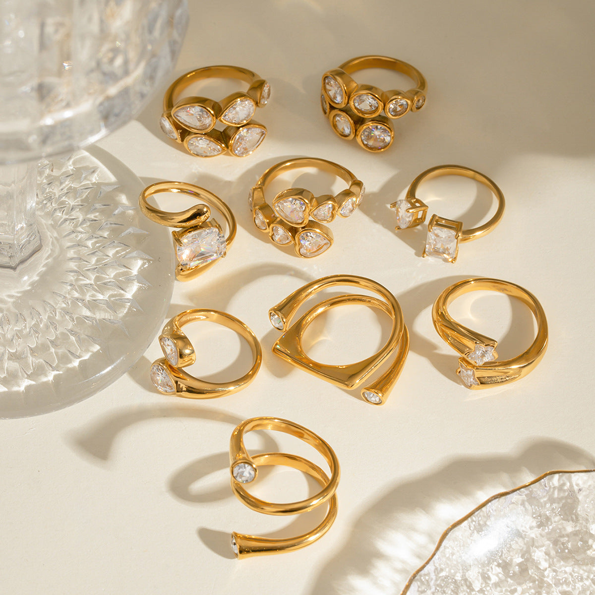 Gold Crystal Ring Set - Heart/Star/Multi-Stone Designs | 18k Gold Tone INS-Style Stackable Daily/Brunch Finger Jewelry for Women