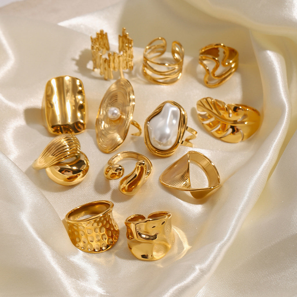 Artistic Gold Ring Set - Multi-Style Sculptural & Pearl Stackable Rings for Women