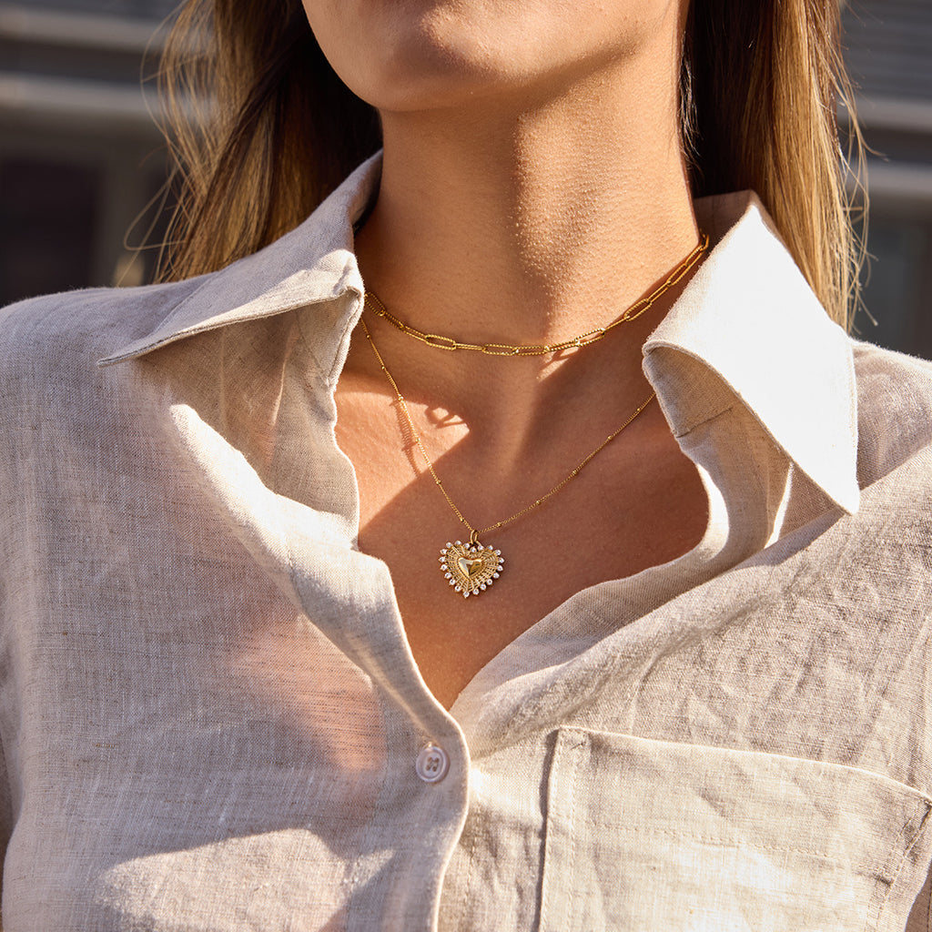 18k Gold Tone Double Layer Necklace Set - Heart Crystal Pendant & Snake Chain Choker | INS-Style Daily/Brunch Neck Jewelry for Women