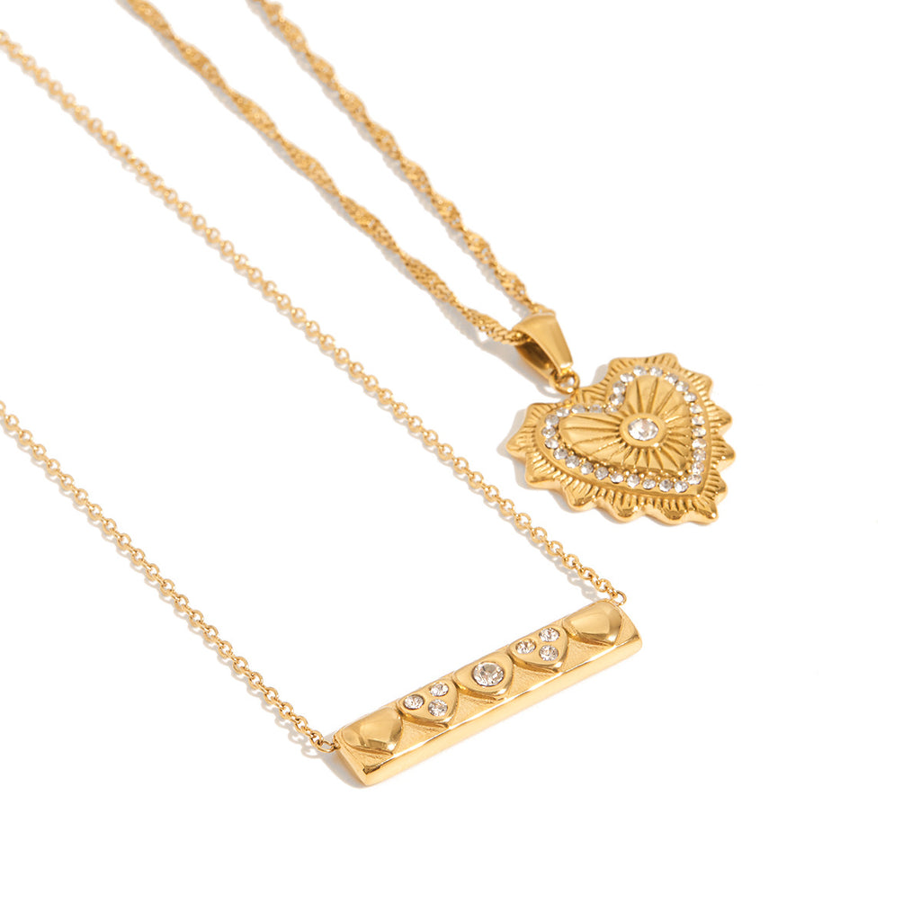 Gold Double-Layer Heart Rhinestone Necklace - Retro Romantic Pendants | Glossy Gold Daily/Brunch/Date Neck Jewelry for Women
