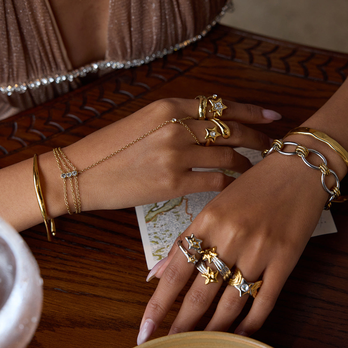 Gold & Silver Star Ring Set - Rhinestone-Accented Stackable Rings | Adjustable Open/Close Band Statement Jewelry for Women