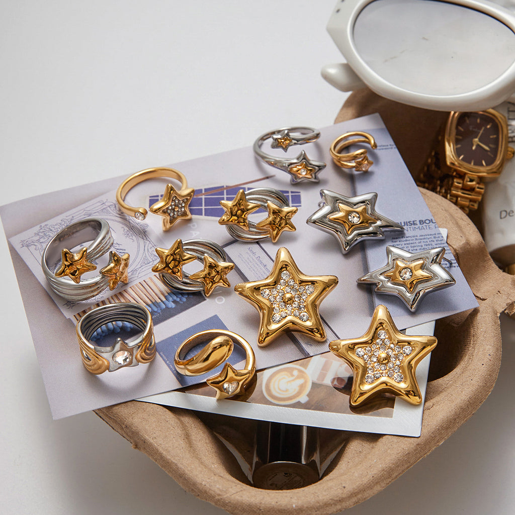 Gold & Silver Star Ring Set - Rhinestone-Accented Stackable Rings | Adjustable Open/Close Band Statement Jewelry for Women