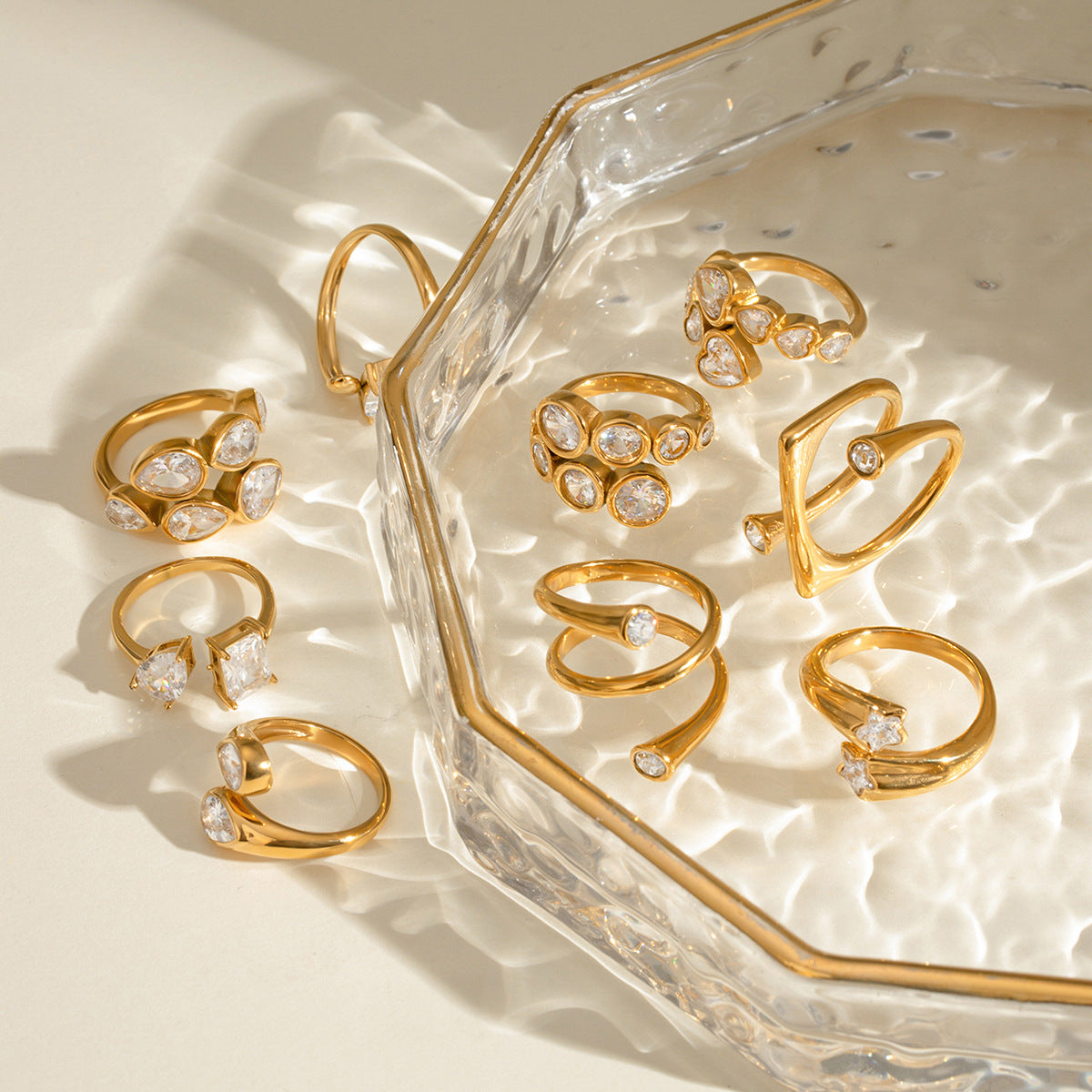 Gold Crystal Ring Set - Heart/Star/Multi-Stone Designs | 18k Gold Tone INS-Style Stackable Daily/Brunch Finger Jewelry for Women