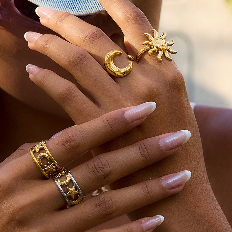 Gold & Silver Celestial Ring Set - Sun/Moon/Star Charms | Boho Layered Statement Jewelry for Women (Daily/Casual/Boho Outfit Wear)