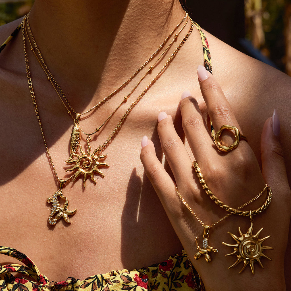 18k Gold Tone Ocean-Themed Jewelry Set - Seahorse/Starfish/Sun Pendants | INS-Style Necklace/Bracelet/Ring Daily/Brunch Accessories for Women 2. Google SEO Title