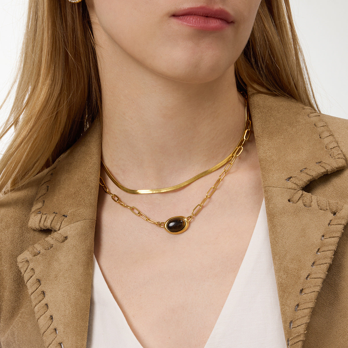 Gold Link Chain Choker Necklace with Oval Tiger Eye Gem Pendant - Elegant Minimalist Statement Jewelry for Women