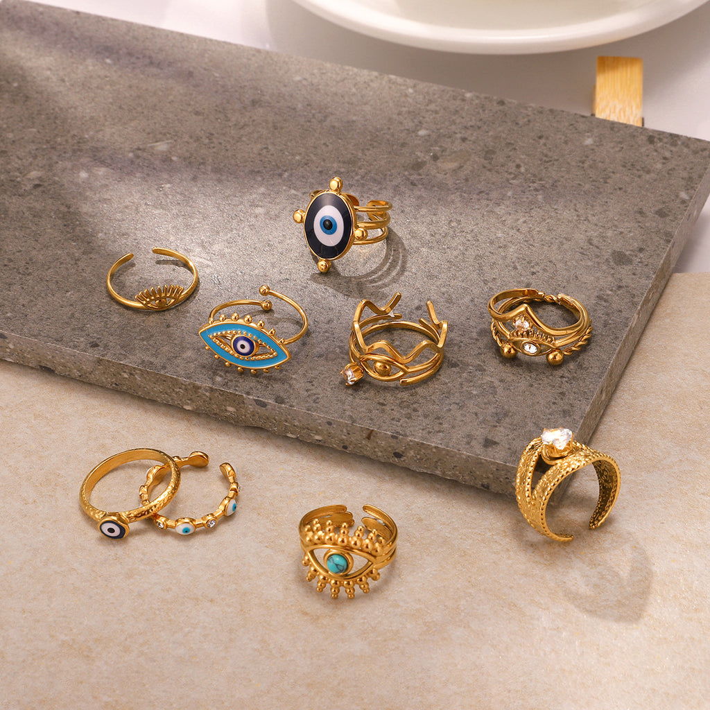 18k Gold Tone Evil Eye Ring Set - Crystal/Colorful Eye Designs | INS-Style Stackable Daily/Brunch Finger Jewelry for Women