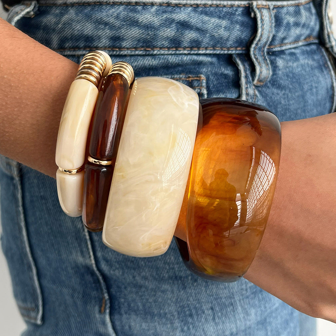 Chunky Tortoise Shell & Cream Resin Bangle Set -  Stackable Acrylic Bamboo Tube Bracelets with Gold Accents
