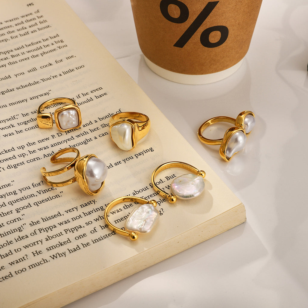 Gold Baroque Pearl Multi-Style Stackable Ring Set - Irregular Pearl (Open/Closed Band) Statement Jewelry for Women