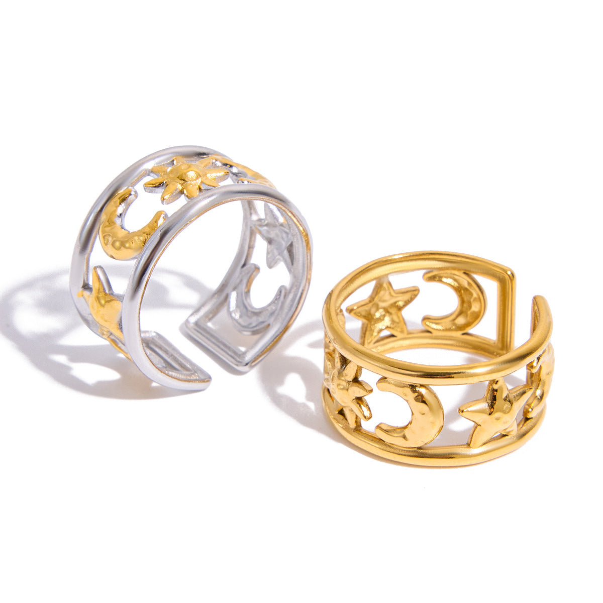 Gold & Silver Celestial Ring Set - Sun/Moon/Star Charms | Boho Layered Statement Jewelry for Women (Daily/Casual/Boho Outfit Wear)