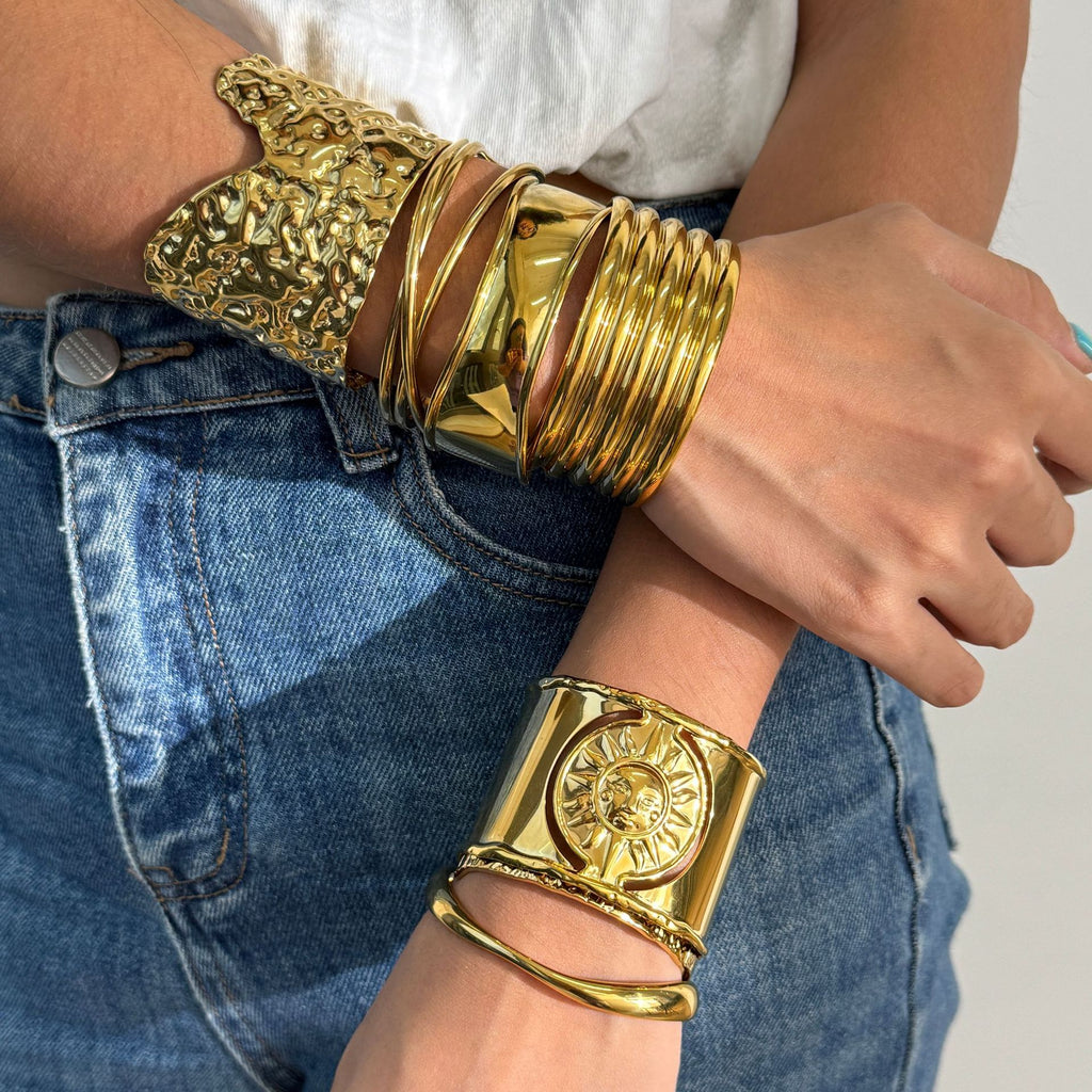 18k Gold Tone Bracelet Set - Hammered Wide Cuffs & Pearl-Accent Thin Bands | INS-Style Stackable Daily/Brunch Wrist Jewelry for Women