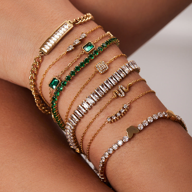 Gold Layered Bracelet Set - Emerald & Diamond Accents | Luxury Multi-Strand Statement Jewelry for Women (Daily/Party Wear)