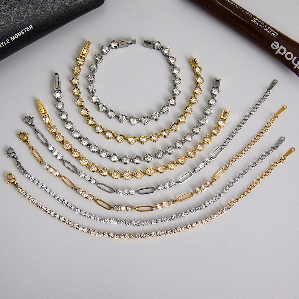 18k Gold/Silver Tone Crystal Bracelet Set - Heart/Round Accents | INS-Style Stackable Daily/Brunch Wrist Jewelry for Women